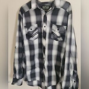 M31 Surplus Mens Casual Black & White Plaid Button-up Shirt Roll Tab Sleeves XXL